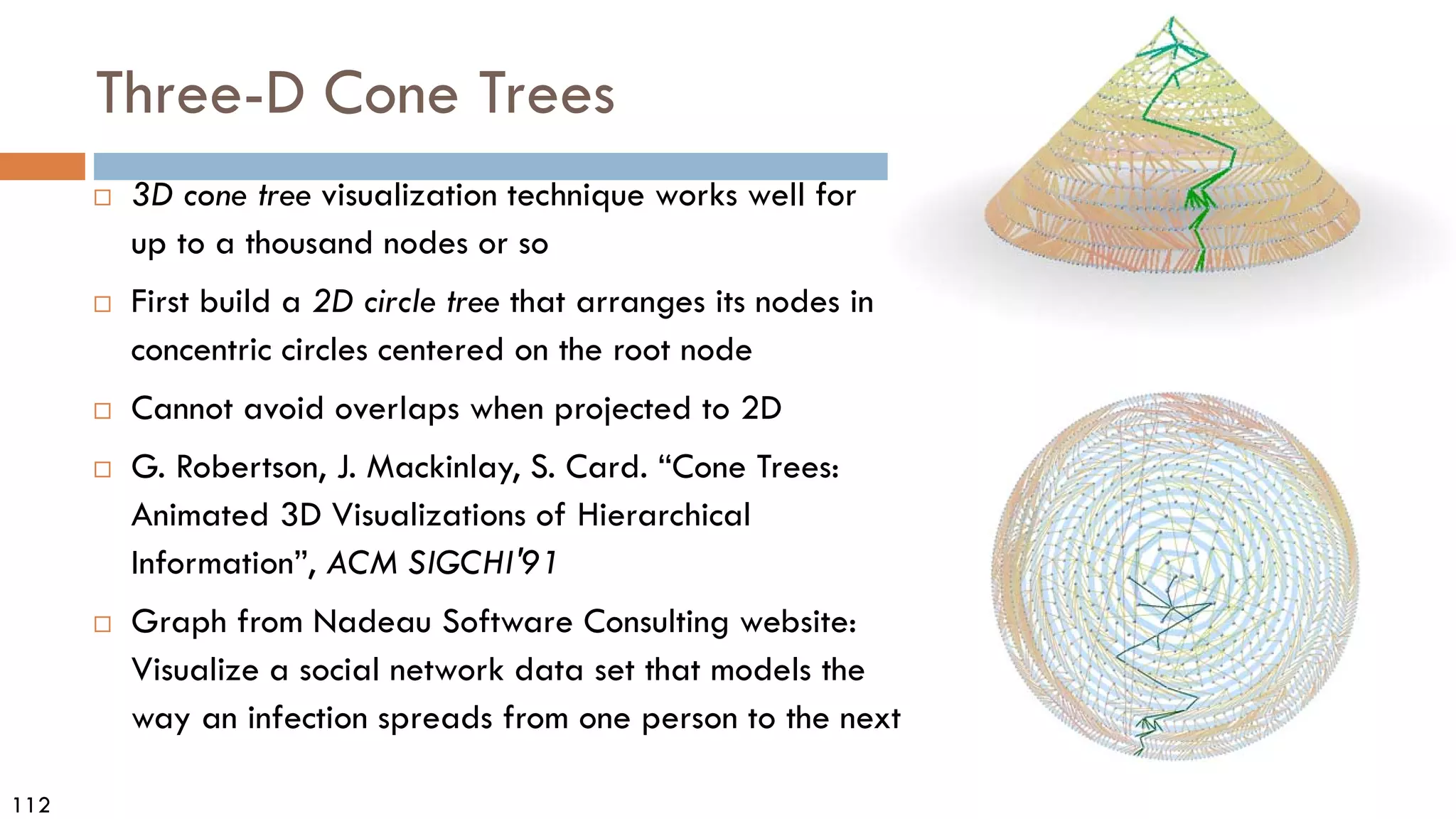 112
Three-D Cone Trees
 3D cone tree visualization technique works well for
up to a thousand nodes or so
 First build a 2D circle tree that arranges its nodes in
concentric circles centered on the root node
 Cannot avoid overlaps when projected to 2D
 G. Robertson, J. Mackinlay, S. Card. “Cone Trees:
Animated 3D Visualizations of Hierarchical
Information”, ACM SIGCHI'91
 Graph from Nadeau Software Consulting website:
Visualize a social network data set that models the
way an infection spreads from one person to the next
 