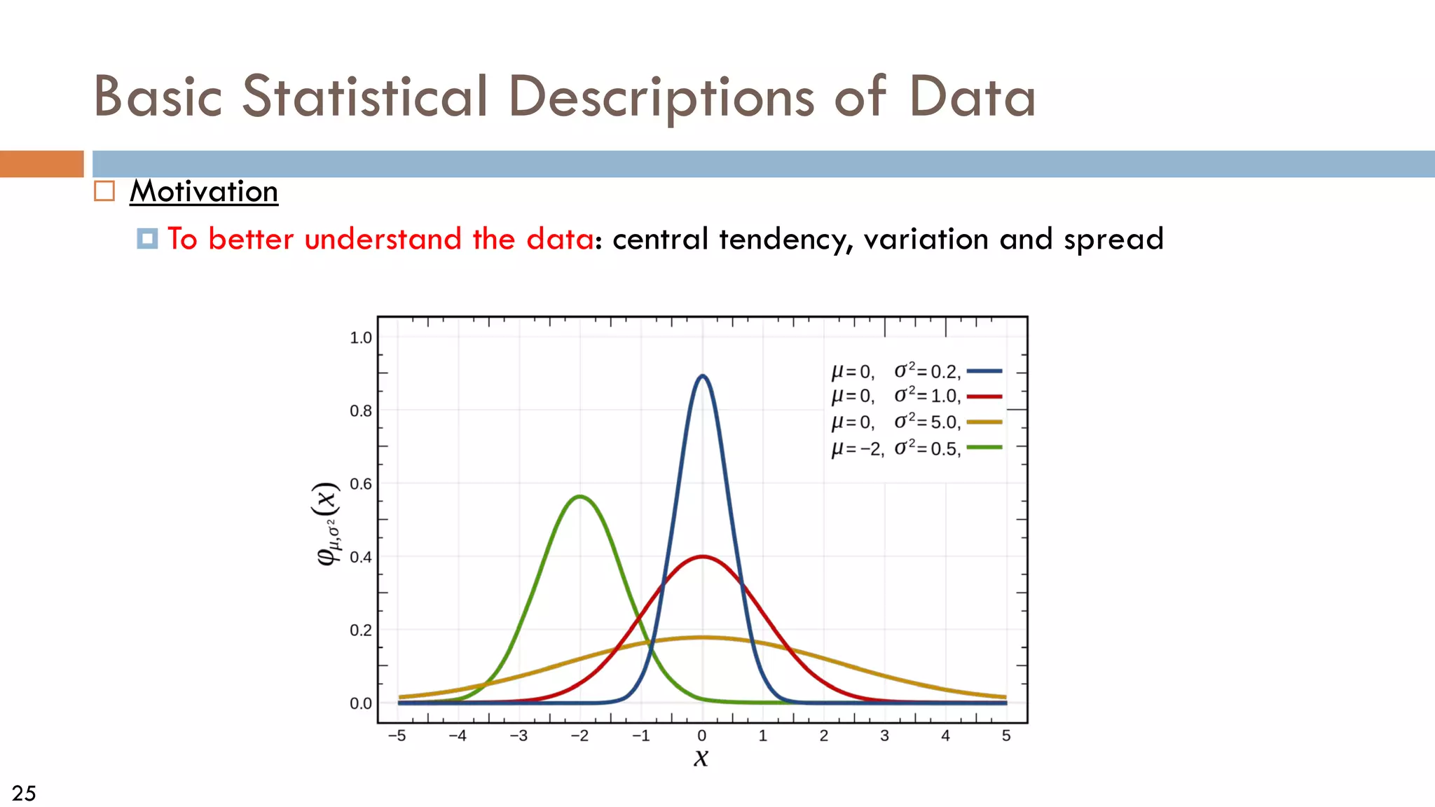 25
Basic Statistical Descriptions of Data
 Motivation
 To better understand the data: central tendency, variation and spread
 