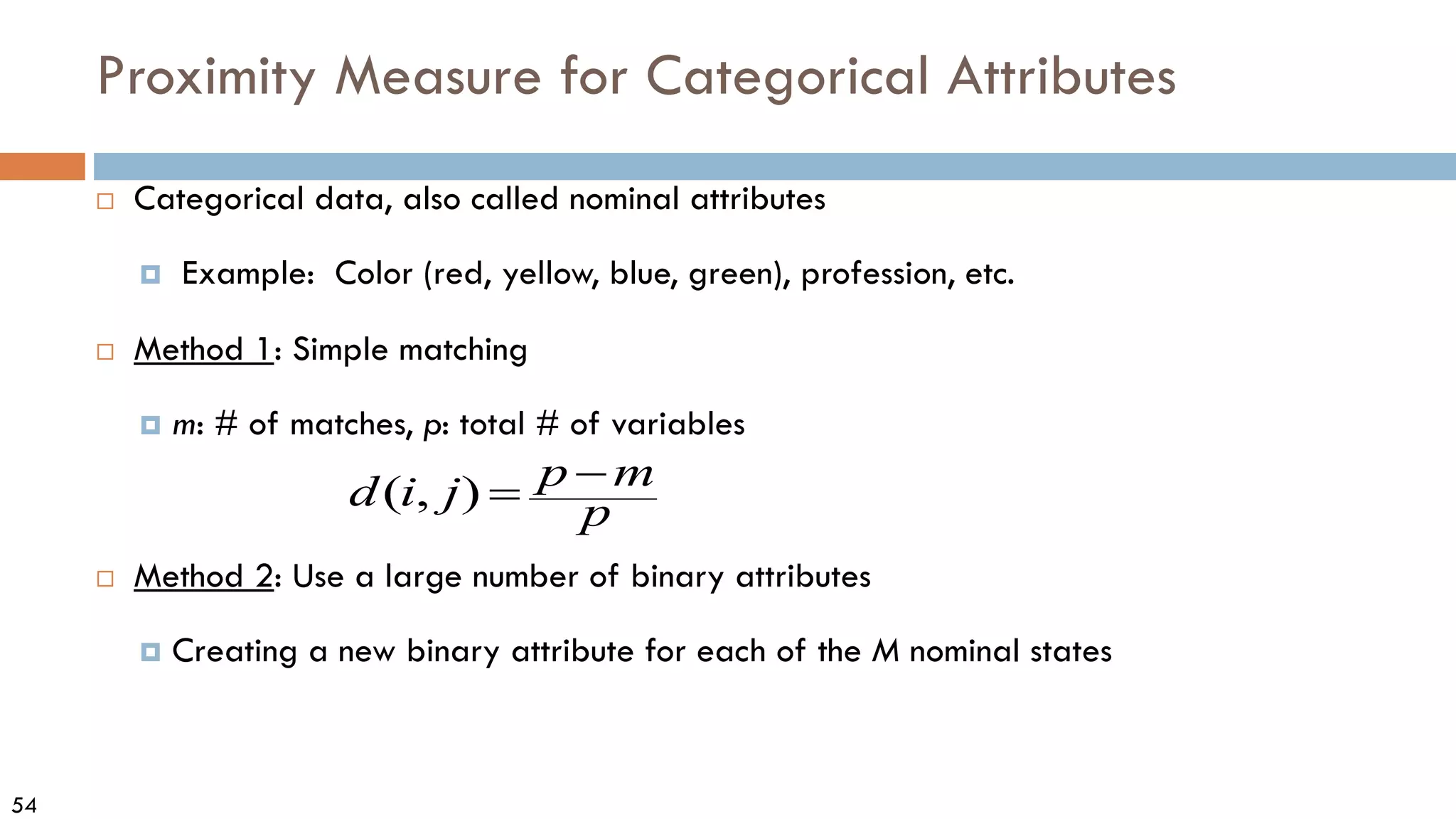 54
Proximity Measure for Categorical Attributes
 Categorical data, also called nominal attributes
 Example: Color (red, yellow, blue, green), profession, etc.
 Method 1: Simple matching
 m: # of matches, p: total # of variables
 Method 2: Use a large number of binary attributes
 Creating a new binary attribute for each of the M nominal states
p
m
p
j
i
d −
=
)
,
(
 