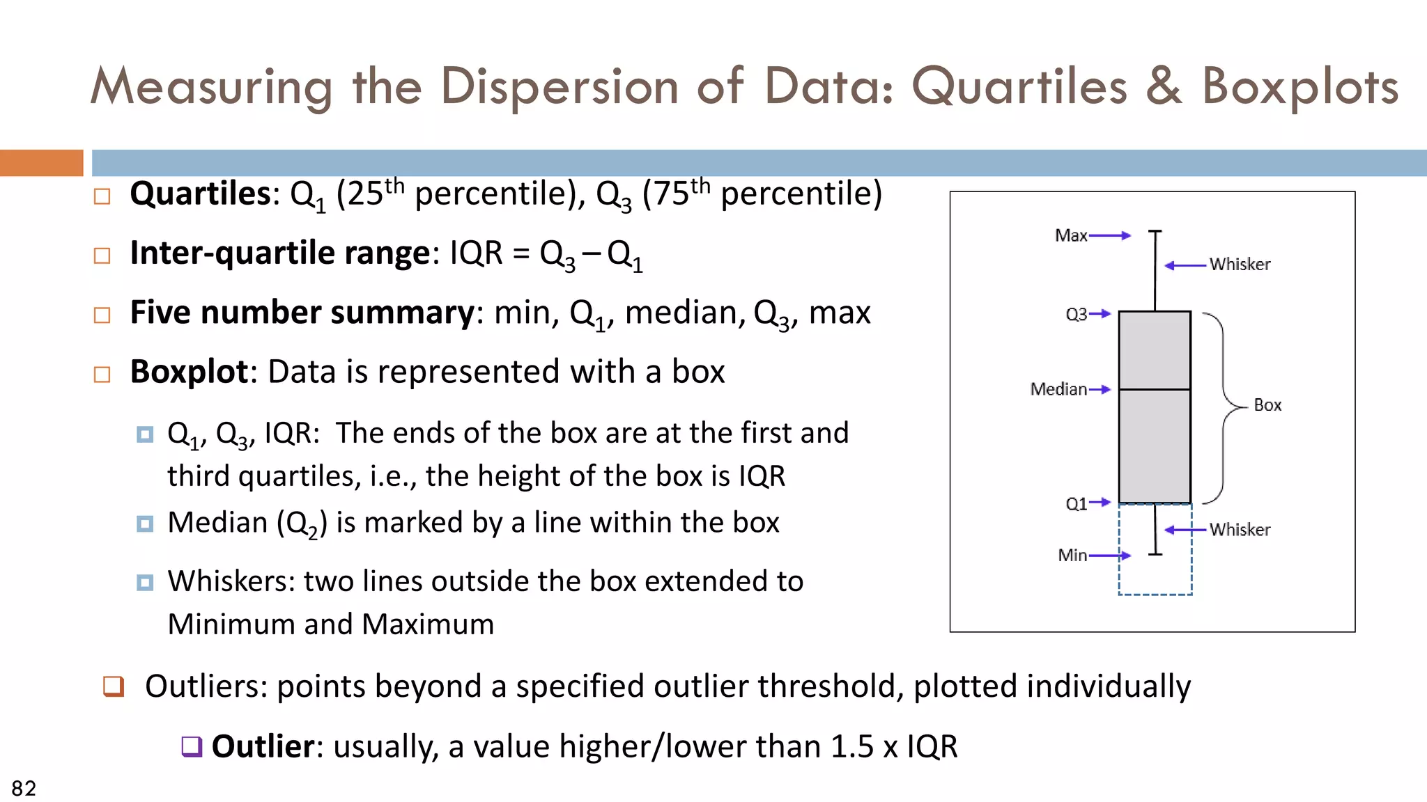 82
Measuring the Dispersion of Data: Quartiles & Boxplots
 Quartiles: Q1 (25th percentile), Q3 (75th percentile)
 Inter-quartile range: IQR = Q3 – Q1
 Five number summary: min, Q1, median, Q3, max
 Boxplot: Data is represented with a box
 Q1, Q3, IQR: The ends of the box are at the first and
third quartiles, i.e., the height of the box is IQR
 Median (Q2) is marked by a line within the box
 Whiskers: two lines outside the box extended to
Minimum and Maximum
 Outliers: points beyond a specified outlier threshold, plotted individually
 Outlier: usually, a value higher/lower than 1.5 x IQR
 