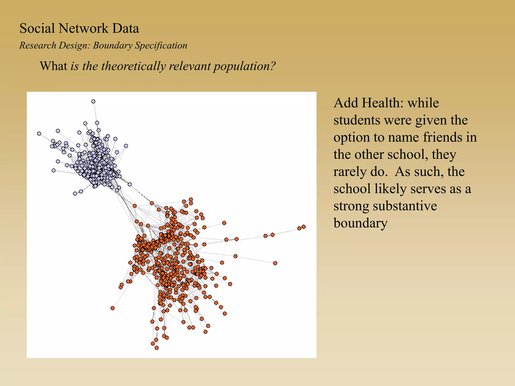 Add Health: while
students were given the
option to name friends in
the other school, they
rarely do. As such, the
school likely serves as a
strong substantive
boundary
What is the theoretically relevant population?
Research Design: Boundary Specification
Social Network Data
 