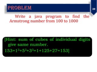 [Hint: sum of cubes of individual digits
give same number.
153=13+53+33=1+125+27=153]
Write a java program to find the
Armstrong number from 100 to 1000
 