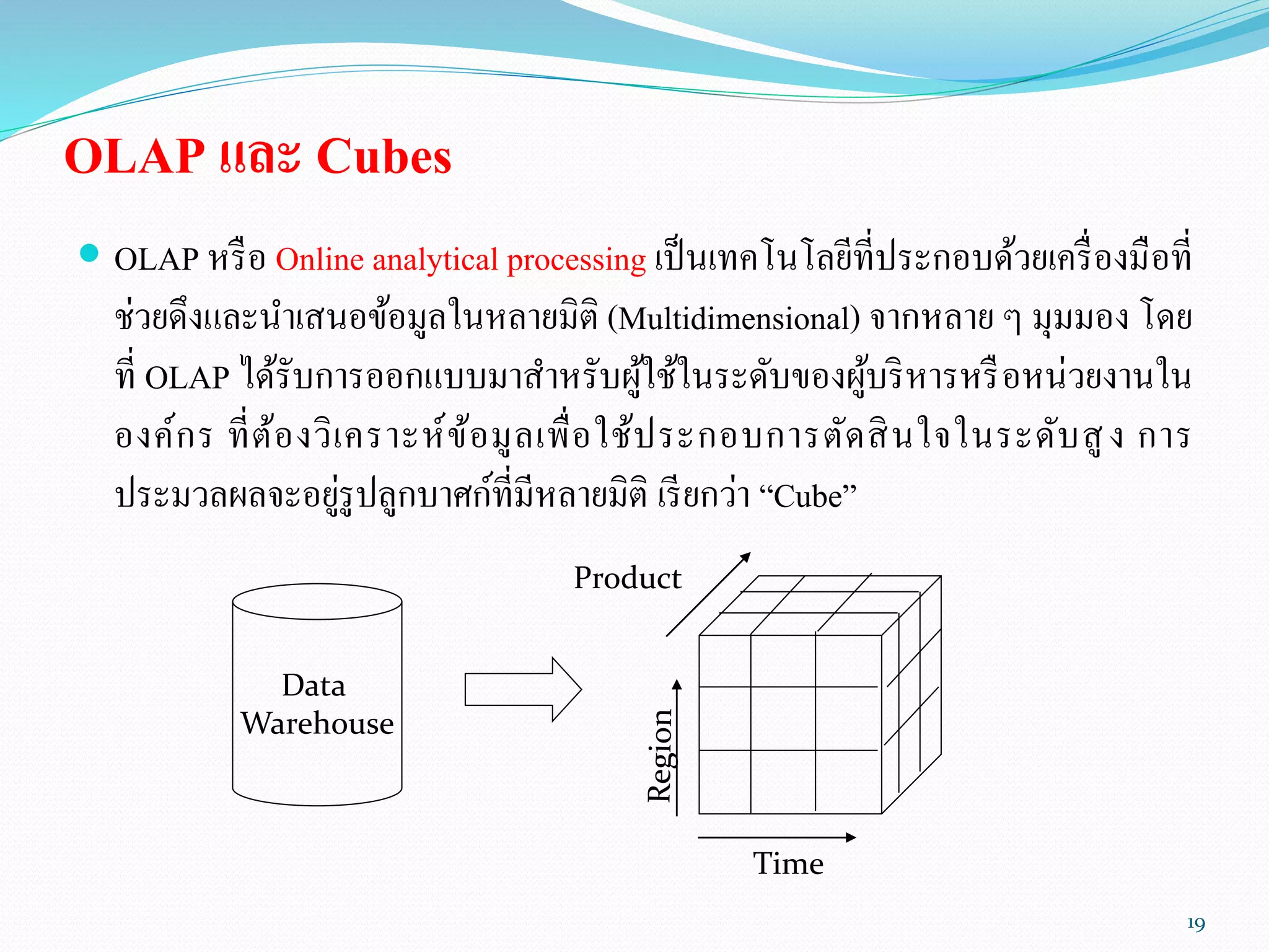 OLAP และ Cubes
 OLAP หรือ Online analytical processing เป็นเทคโนโลยีที่ประกอบด้วยเครื่องมือที่
ช่วยดึงและนาเสนอข้อมูลในหลายมิติ (Multidimensional) จากหลาย ๆ มุมมอง โดย
ที่ OLAP ได้รับการออกแบบมาสาหรับผู้ใช้ในระดับของผู้บริหารหรือหน่วยงานใน
องค์กร ที่ต้องวิเคราะห์ข้อมูลเพื่อใช้ประกอบการตัดสินใจในระดับสูง การ
ประมวลผลจะอยู่รูปลูกบาศก์ที่มีหลายมิติ เรียกว่า “Cube”
Data
Warehouse
Time
Product
19
 