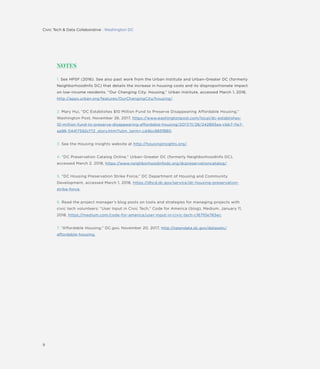 9
NOTES
1. See HPSF (2016). See also past work from the Urban Institute and Urban–Greater DC (formerly
NeighborhoodInfo DC) that details the increase in housing costs and its disproportionate impact
on low-income residents: “Our Changing City: Housing,” Urban Institute, accessed March 1, 2018,
http://apps.urban.org/features/OurChangingCity/housing/.
2. Mary Hui, “DC Establishes $10 Million Fund to Preserve Disappearing Affordable Housing,”
Washington Post, November 26, 2017, https://www.washingtonpost.com/local/dc-establishes-
10-million-fund-to-preserve-disappearing-affordable-housing/2017/11/26/242893ea-cbb7-11e7-
aa96-54417592cf72_story.html?utm_term=.cd4bc885f880.
3. See the Housing Insights website at http://housinginsights.org/.
4. “DC Preservation Catalog Online,” Urban–Greater DC (formerly NeighborhoodInfo DC),
accessed March 2, 2018, https://www.neighborhoodinfodc.org/dcpreservationcatalog/.
5. “DC Housing Preservation Strike Force,” DC Department of Housing and Community
Development, accessed March 1, 2018, https://dhcd.dc.gov/service/dc-housing-preservation-
strike-force.
6. Read the project manager’s blog posts on tools and strategies for managing projects with
civic tech volunteers: “User Input in Civic Tech,” Code for America (blog), Medium, January 11,
2018, https://medium.com/code-for-america/user-input-in-civic-tech-c167f0e765ec.
7. “Affordable Housing,” DC.gov, November 20, 2017, http://opendata.dc.gov/datasets/
affordable-housing.
Civic Tech & Data Collaborative : Washington DC
 