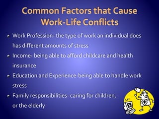 Work Profession- the type of work an individual does
has different amounts of stress
Income- being able to afford childcare and health
insurance
Education and Experience-being able to handle work
stress
Family responsibilities- caring for children, spouses
or the elderly
 