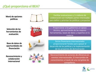 Facilitar	
  evaluaciones	
  y	
  /	
  o	
  talleres	
  de	
  
colaboración	
  con	
  múl0ples	
  partes	
  interesadas	
  
para	
  deﬁnir	
  y	
  priorizar	
  las	
  polí0cas	
  y	
  proyectos	
  
Proporcionar	
  a	
  los	
  gobiernos	
  un	
  apoyo	
  
técnico,	
  aprovechando	
  de	
  las	
  mejores	
  
herramientas,	
  bases	
  de	
  datos	
  y	
  expertos	
  en	
  la	
  
materia	
  
Socios	
  ﬁnancieros	
  internacionales	
  
proporcionarán	
  fondos	
  para	
  apoyar	
  el	
  
desarrollo	
  de	
  las	
  polí0cas	
  y	
  la	
  implementación	
  
de	
  los	
  proyectos	
  de	
  demostración	
  	
  
Menú	
  de	
  opciones	
  
polí1cas	
  
Selección	
  de	
  las	
  
herramientas	
  de	
  
evaluación	
  
Base	
  de	
  datos	
  de	
  
oportunidades	
  de	
  
ﬁnanciación	
  
¿Qué	
  proporciona	
  el	
  BEA?	
  
Reconocimiento	
  de	
  acciones	
  de	
  eﬁciencia	
  en	
  
eventos	
  internacionales.	
  El	
  intercambio	
  de	
  
conocimientos	
  a	
  través	
  de	
  una	
  red	
  global	
  de	
  
compañeros.	
  
Reconocimiento	
  y	
  
colaboración	
  
internacional	
  
 