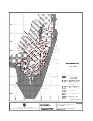 ZONA1B
ZONA3B
ZONA1A
Tunjuelito
ZONA2A
ZONA 4
ZONA 1A
ZONA 5B
ZONA 5A
ZONA 3A
ZONA 2A
ZONA 2B
Zona 5B: Terrazas y Conos
Occidentales
Potencialmente licuables.
Zona 5A: Terrazas y Conos Orientales
Zona 4 : Lacustre B
Zona 3A: Lacustre A (Oriental)
3B: Lacustre A (Occidental)
Zona 2A: Piedemonte Orientales
2B: Piedemonte del Sur
2C: Piedemonte de Cerros
de Suba
Zona 1A: Cerros Orientales y
Sur Occidentales
1B: Cerros de Suba
LEYENDA
ALCALDIA MAYOR DE BOGOTA D.C
DEPARTAMENTO ADMINISTRATIVO DE PLANEACION DISTRITAL
ANTANAS MOCKUS SIVICKAS
FECHA: 30 ENERO 2001
MICROZONIFICACION SISMICA
PARA SANTA FE DE BOGOTA
DECRETO No. 074
MARIA CAROLINA BARCO DE BOTERO
ALCALDE MAYOR
DIRECTORA D.A.P.D.
Plano Anexo No.
1
88.000E
92.000E
96.000E
100.000E
104.000E
108.000E
88.000 N
92.000 N
96.000 N
100.000 N
104.000 N
108.000 N
112.000 N
116.000 N
120.000 N
ESCALA 1 : 200.000
2000 0 2000 4000 mt.
 