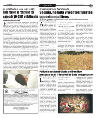 LLaa CCaalllele EntAreyetatecnuicmhioiento Martes 02 de diciembre de 2014 
Dirección de Información Agraria Ayacucho: 
Sequía, helada y vientos fuertes 
soportan cultivos *El Sector realiza una evaluación para emitir opinión sobre este problema 
Félix Huamán Sánchez/La Calle Félix Huamán Sánchez/La Calle 
nuestra ciudad llegó ayer 
un grupo de personas del 
Valle del Sondondo de la Ap 
rovincia de Lucanas, muy 
preocupados y hasta desesperados, 
para dar a conocer a las autoridades 
correspondientes, respecto al 
comportamiento climático a estas 
alturas del año en su provincia. “Es 
el mismo panorama del año pasado, 
donde las cosechas se perdieron, y 
queremos la presencia de las 
i n s t i t u c i o n e s r e s p e c t i v a s , 
principalmente de Agricultura, que 
tiene diferentes áreas para que 
evalúen la sequía, heladas y vientos 
fuertes que viene soportando toda la 
zona Sur”, indicaron. 
Es decir, la mayor preocupación en 
la zona es del Valle del Sondondo, 
que limita con la provincia de Sucre, 
y lo propio viene ocurriendo en Las 
Cabezadas. Igualmente dieron 
cuenta, que ya están instalados 
muchos sembríos en toda esa zona, 
inclusive los cultivos de maíz ya 
están para el proceso de “aporque”, 
y por falta de lluvia, esto ponen en 
riesgo la cosecha. “Pero lo que 
preocupa es, que instituciones como 
Agricultura, las municipalidades, o 
tal vez otras instituciones, práctica 
mente no están llegando aún a la 
zona. Hay zonas que utilizan 
canales de riego, pero a falta de agua 
no se abastecen”, detallaban los 
hermanos de la zona Sur. 
“Han sido afectadas unas 3,500 
hás. de cultivo” 
El Ing. Edgar Aguirre, Director de 
Información Agraria –DIA de la 
DRA, afirmó que desde la primera 
semana de noviembre, ha dejado de 
llover en toda la región y como 
consecuencia tienen la sequía, 
helada y vientos fuertes como viene 
ocurriendo en la zona Sur y 
también en Ayacucho Norte. 
“ P o r m e n c i o n a r , c o m o 
consecuencia de las heladas en los 
Morochucos, han sido afectadas 
como 2,000 hectáreas de cultivo, y 
ya se han perdido como 100 
hectáreas; y por sequía se han 
perdido unas 600 hectáreas. Es 
decir, hasta la fecha ya han sido 
afectadas unas 3,500 hectáreas de 
cultivo en la región Ayacucho, a 
consecuencia de las heladas, 
granizo, sequía y vientos fuertes. 
Este es el resultado solamente 
desde el mes de noviembre”, detalla 
Edgar Aguirre. 
Las provincias más afectadas, 
aparte de la zona Sur, serían 
Fajardo, Cangallo y Vilcashuamán. 
Además, en estos días se viene 
recibiendo más información 
similar, de otras provincias, y se 
está realizando la evaluación para 
declarar tal vez en Emergencia el 
agro ayacuchano, declara el 
Director del DIA. 
En el Día Mundial de Lucha contra el SIDA: 
En la región se registran 127 
casos de VIH-SIDA y 4 fallecidos 
*A la fecha, se tiene 69 casos de pacientes en tratamiento 
l primer caso de VIH Sida, se encontró el año 2001, hasta el año 
pasado 101 casos, pero para este año 2014 en la región se tiene 26 
casos nuevos, y con esto se tendría 127 casos, de los cuales el 50% Eestá dentro de la población joven, que hay la necesidad de trabajar en la 
etapa adolescente del ser humano y principalmente con la familia. Se ha 
tenido también un 46% de la población adulta. Se sabe que existe la 
infección, pero todavía falta saber sobre las medidas preventivas , 
manifestó la Obstetra Rayda Guillén Alca, Coordinadora Regional de 
Estrategia Prevención y Control de Infecciones Transmisión Sexual VIH 
SIDA y Hepatitis B. 
Con motivo del Día Mundial de Lucha contra el SIDA que se recordó ayer, 
se realizó algunas actividades de sensibilización en la ciudad, y ahí se 
informó que hay la necesidad de diferenciar las etapas del VIH y SIDA. 
Porque el SIDA, ya es la etapa final, donde el ser humano tiene defensas 
muy bajas, que cualquier otra enfermedad lo puede matar a la persona. De 
aquí la necesidad de sensibilizar, la lucha justamente contra esta etapa, 
porque el VIH no debería matar a la persona, porque se tienen los 
medicamentos, hay medios para poder controlarlos periódicamente, y así 
uno puede recibir todo el tratamiento y no morir. Porque uno puede fallecer 
de cualquier otra cosa, pero menos de VIH SIDA, explica Rayda Guillén. 
Detalló, que el año 2013, se tuvo 13 casos de VIH SIDA, pero este año 2014 
al mes de noviembre ya se cuenta con 26 casos, y posiblemente se tenga más 
casos. Pero para un mejor tamisaje, se ha capacitado al personal de los 
establecimientos de salud, para que puedan identificar, y justamente estos 
26 casos identificados (4 mujeres y 22 varones), es gracias a estas 
capacitaciones realizadas. 
Obviamente, la provincia de Huamanga por tener mayor población, tiene 
12 casos, y el resto está en la Red Centro, que abarca las cinco provincias 
como Huanta, San Francisco, Pausa entre otras. Hay la necesidad de 
sensibilizar, realizar un buen tamisaje cuyo resultado se da en 15 minutos. A 
la fecha se tiene 4 personas fallecidas; pero los años anteriores desde el 
2001 ya se tiene 58 fallecidos. A la fecha, se tiene 69 casos de pacientes con 
tratamiento a través de anti retrovirales, detalló la Rayda Guillén. 
MUNICIPALIDAD PROVINCIAL DE HUAMANGA 
G RE DE TS C I IA R EN R O C E I GB V L U I S 
C NIA D T E I L 
O OM I M R AT De conformidad con lo dispuesto en el artículo 250° del Código Civil, hago saber que Don: 
LUIS ALBERTO BARSALLO SALDAÑA de 33 años de edad, estado civil :SOLTERO, natural 
de SANTA- CHIMBOTE, de Nacionalidad PERUANO, Ocupación:PSICOLOGO domiciliado 
en Urb. Santa Cristina Mz.- D4 Lt.- 23 Nuevo Chimbote Prov. Del Santa Chimbote y Doña: 
ALINA INGRID BOJORQUEZ ASTO de 39 años de edad, estado civil: SOLTERA, natural 
AYACUCHO- HUAMANGA, de Nacionalidad PERUANA, Ocupación: ADMINISTRADORA 
domiciliada en Jr.GRAU Nº201, pretenden contraer Matrimonio Civil en esta Municipalidad el 
Día 06 de DICIEMBRE de 2014, a horas 15:00 p.m. 
Lugar de Celebración del Matrimonio Civil: LOCAL 
El art. 253º , establece que la personas que tengan interés legítimo pueden oponerse a la 
celebración del matrimonio cuando exista algún impedimento.La oposición se formula por 
escrito fundamentando la causa Legal ante el señor Alcalde de esta Municipalidad. 
La adulteración de los datos personales dará nulo el presente documento 
Ayacucho, 11 de noviembre de 2014 
MUNICIPALIDAD PROVINCIAL DE HUAMANGA 
Sub Gerencia Registro Civil 
JUAN H.QUISPE FLORES 
Película nacional Gloria del Pacífico 
presente en el II Festival de Cine de Ayacucho 
Danny Jáuregui/La Calle 
a película Gloria del 
P a c í f i c o , d i r i g i d a y 
producida por el nacional LJuan Carlos Oganes, será la 
encargada de inaugurar la segunda 
edición del Festival de Cine de 
Ayacucho. El referido cineasta 
estará presente el día domingo 14 en 
la ciudad de Huamanga para 
presentar su trabajo de carácter 
histórico. 
La presente edición del festival 
cinematográficose desarrollará del 
14 al 20 de diciembre y contará con 
la emisión de aproximadamente 40 
películas de estreno exclusivo en la 
ciudad de Huamanga. Estas 
p r o d u c c i o n e s p e r u a n a s y 
latinoamericanas se presentarán en 
diversos espacios de la Universidad 
Nacional de San Cristóbal de 
Huamanga (Unsch), como son el 
auditorio Garcilaso de la Vega, el 
Centro Turístico San Cristóbal, el 
Centro Cultural y la Casa Mateo 
Ricci, entre otras sedes. 
Actividades académicas 
También se realizarán actividades 
de formación profesional. Una de 
ellas es un taller de actuación para 
cine dirigido por Fernando Basilio. 
El actor es ganador de cinco 
premios internacionales como 
mejor intérprete. 
Otra actividad académica es la 
charla magistral sobre iluminación 
y fotografía en cine, la cual estará a 
cargo del destacado director de 
fotografía cinematográfica Pili 
Flores Guerra, quien actualmente 
es presidente de la Asociación de 
Autores y Directores de Fotografía 
Cinematográfica del Perú (Ddp). 
Gloria del Pacífico se podrá 
apreciar el domingo 14 a partir de 
las 7 de la noche en el local del cine 
Teatro Municipal de Huamanga. 
 