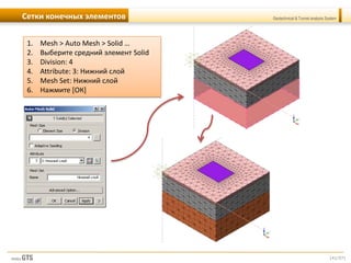 [41/57]
Geotechnical & Tunnel analysis SystemСетки конечных элементов
1. Mesh > Auto Mesh > Solid …
2. Выберите средний элемент Solid
3. Division: 4
4. Attribute: 3: Нижний слой
5. Mesh Set: Нижний слой
6. Нажмите [ОК]
 