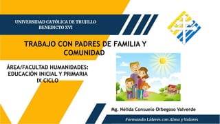 ÁREA/FACULTAD HUMANIDADES:
EDUCACIÓN INICIAL Y PRIMARIA
IX CICLO
TRABAJO CON PADRES DE FAMILIA Y
COMUNIDAD
Mg. Nélida Consuelo Orbegoso Valverde
 