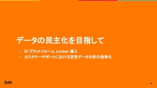 データの民主化を目指して
- BI プラットフォーム Looker 導入
- カスタマーサポートにおける定性データ分析の効率化
12
 