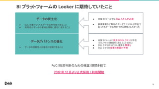 BI プラットフォームの Looker に期待していたこと
PoC（投資判断のための検証）期間を経て
2019 年 12 月より正式採用 / 利用開始
データの民主化
● SQL を書けなくてもデータ活用可能であること
● 利用者がデータの意味を理解し適切に使えること
データガバナンスの強化
● データの信頼性と正確さが担保できること
● 内製 BI ツールではSQL スキルが必須
● 新規事業など専任のデータアナリストが不在で
あってもデータ活用ができる状態としたかった
● 内製 BI ツールに数千のSQL クエリが存在
（SQL クエリは数百行におよぶこともある）
● SQL クエリのコピペ& 亜種 & 闇落ち
● SQL クエリの変更の意図が不明
16
 