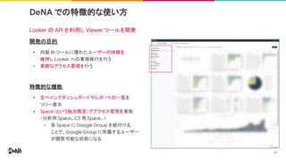 DeNA での特徴的な使い方
Looker の API を利用し Viewer ツールを開発
開発の目的
• 内製 BI ツールに慣れたユーザーの体験を
維持し Looker への業務移行を行う
• 柔軟なアクセス管理を行う
特徴的な機能
• 左ペインでダッシュボードやレポートの一覧を
ツリー表示
• Space（という独自概念）でアクセス管理を実施
（分析用 Space、CS 用 Space...）
• 各 Space に Google Group を紐付ける
ことで、Google Group に所属するユーザー
が閲覧可能な状態になる
17
 