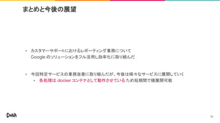 まとめと今後の展望
• カスタマーサポートにおけるレポーティング業務について
Google のソリューションをフル活用し効率化に取り組んだ
• 今回特定サービスの業務改善に取り組んだが、今後は様々なサービスに展開していく
• 各処理は docker コンテナとして動作させている ため短期間で横展開可能
25
 