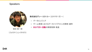 Speakers
株式会社ディー・エヌ・エー （2019 年 9 月 〜）
• データエンジニア
• ゲーム事業におけるデータパイプラインの開発・運用
• BQ ドクター活動の陣頭指揮・推進
城谷 信一郎
（ジョウヤ シンイチロウ）
28
 