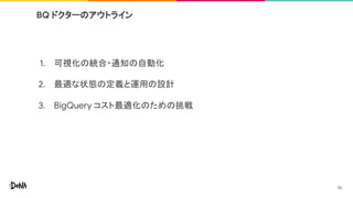 BQ ドクターのアウトライン
1. 可視化の統合・通知の自動化
2. 最適な状態の定義と運用の設計
3. BigQuery コスト最適化のための挑戦
36
 