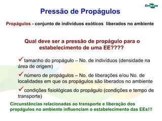 Pressão de Propágulos 
Propágulos - conjunto de indivíduos exóticos liberados no ambiente 
Qual deve ser a pressão de propágulo para o 
estabelecimento de uma EE???? 
tamanho do propágulo – No. de indivíduos (densidade na 
área de origem) 
número de propágulos – No. de liberações e/ou No. de 
localidades em que os propágulos são liberados no ambiente 
condições fisiológicas do propágulo (condições e tempo de 
transporte) 
Circunstâncias relacionadas ao transporte e liberação dos 
propágulos no ambiente influenciam o estabelecimento das EEs!!! 
 