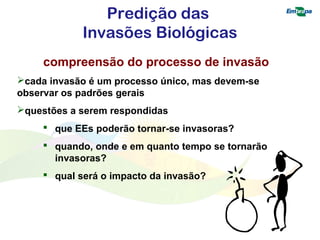 Predição das 
Invasões Biológicas 
compreensão do processo de invasão 
cada invasão é um processo único, mas devem-se 
observar os padrões gerais 
questões a serem respondidas 
 que EEs poderão tornar-se invasoras? 
 quando, onde e em quanto tempo se tornarão 
invasoras? 
 qual será o impacto da invasão? 
 