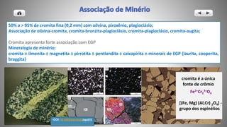 50% a > 95% de cromita fina (0,2 mm) com olivina, piroxênio, plagioclásio;
Associação de olivina-cromita, cromita-bronzita-plagioclásio, cromita-plagioclásio, cromita-augita;
Cromita apresenta forte associação com EGP
Mineralogia de minério:
cromita ± ilmenita ± magnetita ± pirrotita ± pentlandita ± calcopirita ± minerais de EGP (laurita, cooperita,
braggita)
Textura cumulática
Fe2+Cr2
3+O4
[(Fe, Mg) (Al,Cr) 2O4] -
grupo dos espinélios
cromita é a única
fonte de crômio
•DOI: 10.1093/petrology/egv079
 