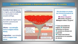 Cromita é mais densa que
o magma, portanto afunda
e é acumulada na base
(crystal settling);
Densidade do magma varia
durante o processo de
cristalização;
Olivina – sua extração
torna o magma menos
denso;
Plagioclásio – sua remoção
torna o magma mais
denso
Intrusões acamadadas e depósitos estratiformes de cromita
Alta densidade em relação
aos minerais formadores de
rocha
 olivina= 3,6 g/cm3
cromita= 4,6 g/cm3
Magma máfico: 2,6 g/cm3
 baixa viscosidade do
magma  movimento
convectivo na câmara
 mantém os silicatos em
suspensão
 cristais mais densos
concentram-se no assoalho
da câmara
 