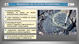  sequências ofiolíticas:
hospeda-se em dunitos nas porções
ultramáficas basais e deformadas;
 mineralogia de minério:
cromita ± magnetita ± ligas de Ru-Os-Ir ±
minerais de EGP – minério nodular
 corpos lenticulares ou bolsões de cromita
maciça ou disseminada
 55% da produção mundial e 5% das reservas
 raramente atingem > 1 milhão de ton.
 originalmente depositados como corpos
estratiformes em câmaras magmáticas
 