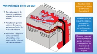 Relações entre
sistemas intrusivos
e extrusivos
(komatiitos)
Mineralização de
níquel é associada
com partes
proximais dos
condutos para o
magma
Fluxo do magma é
mais importante
para a formação
dos depósitos de
níquel que a
composição do
magma
Mineralização de Ni-Cu-EGP
❖ Formados a partir de
magmas gerados por
alta taxa de fusão do
manto;
❖ Relação com grandes
volumes de magmas
gerados nos limites de
crátons arqueanos;
❖ Associadas a pequenas
intrusões máficas-
ultramáficas pelas
quais grandes volumes
de magma passaram;
 