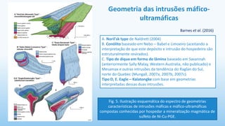 Geometria das intrusões máfico-
ultramáficas
Fig. 5. Ilustração esquemática do espectro de geometrias
características de intrusões máficas e máfico-ultramáficas
compostas conhecidas por hospedar a mineralização magmática de
sulfeto de Ni-Cu-PGE.
A. Noril'sk type de Naldrett (2004)
B. Conólito baseado em Nebo – Babel e Limoeiro (aceitando a
interpretação de que este depósito e intrusão do hospedeiro são
estruturalmente revirados).
C. Tipo de dique em forma de lâmina baseado em Savannah
(anteriormente Sally Malay, Western Australia, não publicado) e
Mesamax e outras intrusões da tendência do Raglan do Sul,
norte do Quebec (Mungall, 2007a, 2007b, 2007c).
Tipo D, E. Eagle – Kalatongke com base em geometrias
interpretadas dessas duas intrusões.
Barnes et al. (2016)
 