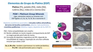 Elementos do Grupo da Platina (EGP)
Platina (Pt), paládio (Pd), ródio (Rd),
rutênio (Ru), irídio (Ir) e ósmio (Os)
Irídio
Platina
Ósmio
https://www.greelane.com/pt
PGM = Platinum Group Minerals
Ligas, elementos nativos ou minerais com
EGP ligados a S, Se, As, Te, Bi, Sb e raramente O
Depósitos econômicos associados a intrusões máfico-ultramáficas,
derrames de basaltos continentais, pláceres. Sub-econômicos:
cromititos podiformes, folhelhos negros, depósitos de Au-EGP (?)
Teor econômico de
Pt = 4 ppm
Clarke = 0,4 ppb
PGE = forte compatibilidade com enxofre:
(1) Restito sulfetado no manto impede o enriquecimento de EGP
no magma gerado pela fusão do manto;
(2) Formação de depósitos magmáticos de EPG: depende da
imiscibilidade do magma e separação de uma fase sulfetada
imiscível que colete o EGP
Os, Ir, Rh e Ru = tendem a permanecer no restito peridotítico;
Pt e Pd = são particionados para o magma
 
