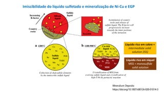 Imiscibilidade do líquido sulfetado e mineralização de Ni-Cu e EGP
Líquido rico em níquel
MSS = monosulfide
solid solution
Líquido rico em cobre =
intermediate solid
solution (ISS)
 