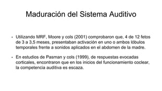 Maduración del Sistema Auditivo
• Utilizando MRF, Moore y cols (2001) comprobaron que, 4 de 12 fetos
de 3 a 3,5 meses, presentaban activación en uno o ambos lóbulos
temporales frente a sonidos aplicados en el abdomen de la madre.
• En estudios de Pasman y cols (1999), de respuestas evocadas
corticales, encontraron que en los inicios del funcionamiento coclear,
la competencia auditiva es escaza.
 