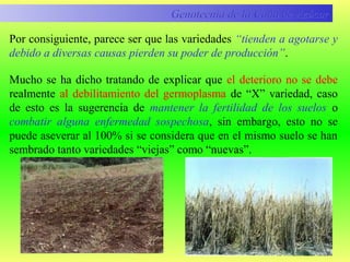 Por consiguiente, parece ser que las variedades “tienden a agotarse y
debido a diversas causas pierden su poder de producción”.
Genotecnia de la Caña de AzúcarGenotecnia de la Caña de Azúcar
Mucho se ha dicho tratando de explicar que el deterioro no se debe
realmente al debilitamiento del germoplasma de “X” variedad, caso
de esto es la sugerencia de mantener la fertilidad de los suelos o
combatir alguna enfermedad sospechosa, sin embargo, esto no se
puede aseverar al 100% si se considera que en el mismo suelo se han
sembrado tanto variedades “viejas” como “nuevas”.
 