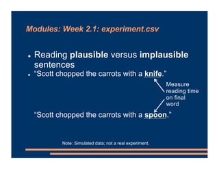 Modules: Week 2.1: experiment.csv
! Reading plausible versus implausible
sentences
! “Scott chopped the carrots with a kni...
