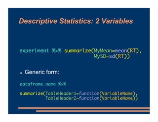 Descriptive Statistics: 2 Variables
! Generic form:
dataframe.name %>%
summarize(TableHeader1=function(VariableName),
Tabl...