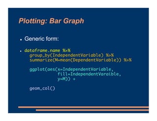 Plotting: Bar Graph
! Generic form:
! dataframe.name %>%
group_by(IndependentVariable) %>%
summarize(M=mean(DependentVaria...