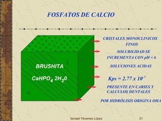 Ismael Yévenes López BRUSHITA CaHPO 4  2H 2 0 CRISTALES MONOCLINICOS FINOS SOLUBILIDAD SE INCREMENTA CON pH < 6 Kps = 2.77 x 10 -7 SOLUCIONES ACIDAS PRESENTE EN CARIES Y CALCULOS DENTALES POR HIDRÓLISIS ORIGINA OHA FOSFATOS   DE CALCIO 