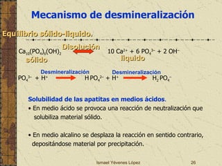Ismael Yévenes López Mecanismo de desmineralización Equilibrio sólido-liquido. Ca 10 (PO 4 ) 6 (OH) 2   10 Ca 2+  + 6 PO 4 3–  + 2 OH – PO 4 3–  + H + H   PO 4 2–   + H +   H 2   PO 4 –   sólido liquido Disolución Desmineralización Solubilidad de las apatitas en medios ácidos . •  En medio ácido se provoca una reacción de neutralización que solubiliza material sólido. •  En medio alcalino se desplaza la reacción en sentido contrario, depositándose material por precipitación. Desmineralización 