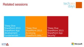 Related sessions




“Deep Dive
SharePoint 2013:   “Deep Dive          “Deep Dive
SharePoint App     SharePoint 2013:    SharePoint 2013:
development        Accessing           SharePoint App
Fundamentals “     SharePoint data “   Security”
 