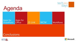 Agenda
Apps for   Apps for
SharePoint Office     JS Link   WCM   Workflows




Conclusions
 