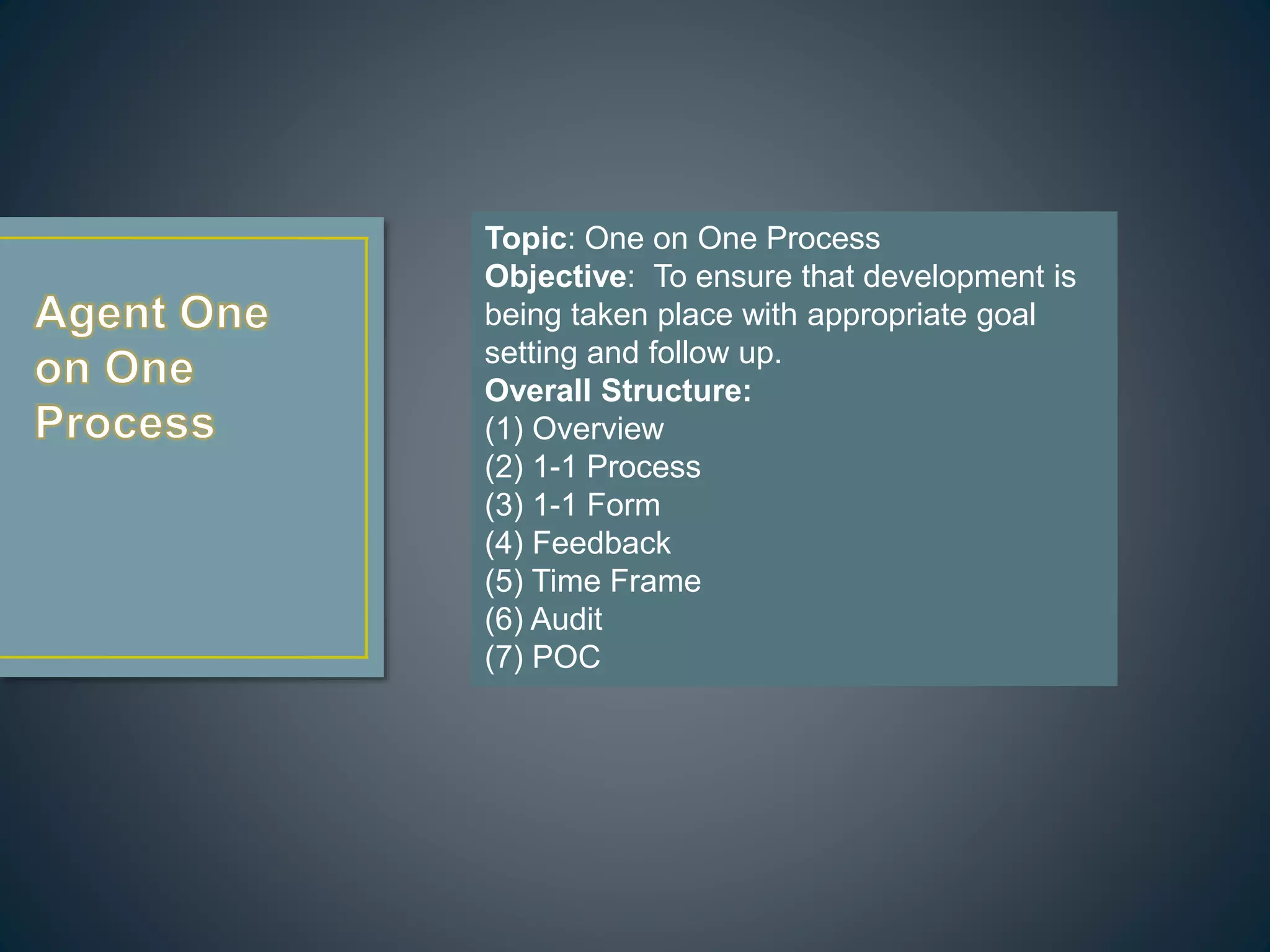 Topic: One on One Process
Objective: To ensure that development is
being taken place with appropriate goal
setting and follow up.
Overall Structure:
(1) Overview
(2) 1-1 Process
(3) 1-1 Form
(4) Feedback
(5) Time Frame
(6) Audit
(7) POC
 