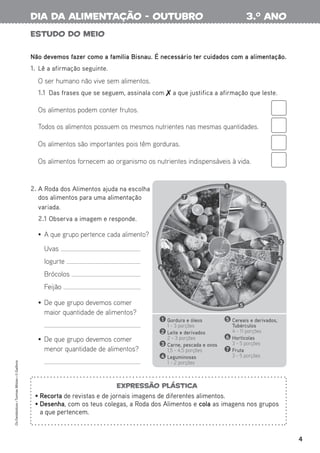 4
Os
Fantásticos
•
Turmas
Mistas
•
©
Gailivro
ESTUDO DO MEIO
Não devemos fazer como a família Bisnau. É necessário ter cuidados com a alimentação.
1. Lê a afirmação seguinte.
O ser humano não vive sem alimentos.
1.1 Das frases que se seguem, assinala com  a que justifica a afirmação que leste.
Os alimentos podem conter frutos.
Todos os alimentos possuem os mesmos nutrientes nas mesmas quantidades.
Os alimentos são importantes pois têm gorduras.
Os alimentos fornecem ao organismo os nutrientes indispensáveis à vida.
2. A Roda dos Alimentos ajuda na escolha
dos alimentos para uma alimentação
variada.
2.1 Observa a imagem e responde.
• A que grupo pertence cada alimento?
Uvas
Iogurte
Brócolos
Feijão
• De que grupo devemos comer
maior quantidade de alimentos?
• De que grupo devemos comer
menor quantidade de alimentos?
3.o
ano
dia da alimentação - outubro
Expressão plástica
• Recorta de revistas e de jornais imagens de diferentes alimentos.
• Desenha, com os teus colegas, a Roda dos Alimentos e cola as imagens nos grupos
a que pertencem.
1 Gordura e óleos
1 - 3 porções
2 Leite e derivados
2 - 3 porções
3 Carne, pescada e ovos
1,5 - 4,5 porções
4 Leguminosas
1 - 2 porções
5 Cereais e derivados,
Tubérculos
4 - 11 porções
6 Hortícolas
3 - 5 porções
7 Fruta
3 - 5 porções
1
2
3
4
5
6
7
 