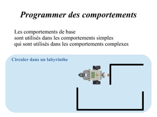 Programmer des comportements 
Les comportements de base 
sont utilisés dans les comportements simples 
qui sont utilisés dans les comportements complexes 
Circuler dans un labyrinthe 
 