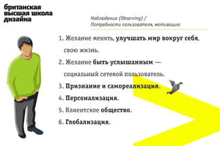 Наблюдения (Observing) /
          Потребности пользователя, мотивация:

1. Желание менять, улучшать мир вокруг себя,
 свою жизнь.
2. Желание быть услышанным —
 социальный сетевой пользователь.
3. Признание и самореализация.
4. Персонализация.
5. Клиентское общество.
6. Глобализация.
 