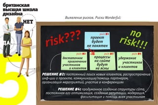 Выявление рисков. Риски Wonderful:



                                                    no
      ri sk? ??                   проект
                                                 risk!!




5
                                                        !
                                   будет
                                не понятен

               достаточное         процессы      удержание
                  привлечение      на сайте         участников
               участников            будут
                   и клиентов       не ясны      и клиентов

    РЕШЕНИЕ #2: постоянный поиск новых клиентов, распространение
    инф-ции о проекте, коммуникация/помощь партнерам,
    организация мероприятий, участие в конференциях
            РЕШЕНИЕ #4: продуманное создание структуры сйта,
      постоянная его оптимизация, создание репутации, модерация,
                         фасилитация и помощь всем участникам
 
