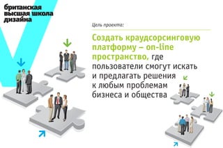 Цель проекта:

Создать краудсорсинговую
платформу – on-line
пространство, где
пользователи смогут искать
и предлагать решения
к любым проблемам
бизнеса и общества
 