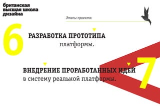 6
             Этапы проекта:




    РАЗРАБОТКА ПРОТОТИПА
            платформы.


ВНЕДРЕНИЕ ПРОРАБОТАННЫХ ИДЕЙ
в систему реальной платформы.
                              7
 