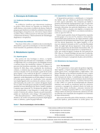 Diretrizes
Atualização da Diretriz Brasileira de Dislipidemias e Prevenção da Aterosclerose – 2017
Arq Bras Cardiol 2017; 109(2Supl.1):1-76
1. Hierarquia de Evidências
1.1. Evidências Científicas que Impactam na Prática
Clínica
As evidências científicas que determinam mudanças
na prática clínica devem ser baseadas nos desfechos de
saúde-doença, como morte e incidência de doença. Dados de
pesquisas que interferem em desfechos substitutos (marcadores
fisiopatológicos, bioquímicos etc.) têm menor impacto direto
na prática clínica, embora possam ser relevantes para melhor
compreensão da doença, e desenvolvimento de metodologias
diagnósticas e terapêuticas.
1.2. Hierarquia das evidências
Para situar o leitor sobre a consistência das recomendações
desta diretriz, o grau de recomendação e os níveis de evidência
foram baseados nos parâmetros descritos no quadro 1.
2. Metabolismo Lipídico
2.1. Aspectos gerais
Dos pontos de vista fisiológico e clínico, os lípides
biologicamente mais relevantes são os fosfolípides, o colesterol,
os Triglicérides (TG) e os ácidos graxos. Os fosfolípides formam
a estrutura básica das membranas celulares. O colesterol é
precursor dos hormônios esteroides, dos ácidos biliares e da
vitamina D. Além disso, como constituinte das membranas
celulares, o colesterol atua na fluidez destas e na ativação de
enzimas aí situadas. Os TG são formados a partir de três ácidos
graxos ligados a uma molécula de glicerol e constituem uma
das formas de armazenamento energético mais importantes no
organismo, sendo depositados nos tecidos adiposo e muscular.
Os ácidos graxos podem ser classificados como saturados
(sem duplas ligações entre seus átomos de carbono), mono ou
poli-insaturados, de acordo com o número de ligações duplas
em sua cadeia. Os ácidos graxos saturados mais frequentemente
presentes em nossa alimentação são: láurico, mirístico, palmítico
e esteárico (que variam de 12 a 18 átomos de carbono). Entre
os monoinsaturados, o mais frequente é o ácido oleico, que
contém 18 átomos de carbono. Quanto aos poli-insaturados,
podem ser classificados como ômega 3 (Eicosapentaenoico
− EPA, Docosahexaenoico − DHA e linolênico), ou ômega 6
(linoleico), de acordo com presença da primeira dupla ligação
entre os carbonos, a partir do grupo hidroxila.
2.2. Lipoproteínas: estrutura e função
As lipoproteínas permitem a solubilização e o transporte
dos lípides, que são substâncias geralmente hidrofóbicas,
no meio aquoso plasmático. São compostas por lípides e
proteínas denominadas Apolipoproteínas (apo). As apos têm
diversas funções no metabolismo das lipoproteínas, como a
formação intracelular das partículas lipoproteicas, caso das
apos B100 e B48, e a atuação como ligantes a receptores de
membrana, como as apos B100 e E, ou cofatores enzimáticos,
como as apos CII, CIII e AI.
Existem quatro grandes classes de lipoproteínas separadas
em dois grupos: (i) as ricas em TG, maiores e menos densas,
representadas pelos quilomícrons, de origem intestinal, e pelas
Lipoproteínas de Densidade Muito Baixa (VLDL, sigla do inglês
very low density lipoprotein), de origem hepática; e (ii) as
ricas em colesterol, incluindo as LDL e as de Alta Densidade
(HDL, do inglês high density lipoprotein). Existe ainda uma
classe de Lipoproteínas de Densidade Intermediária (IDL, do
inglês intermediary density lipoprotein) e a Lipoproteína (a) −
Lp(a), que resulta da ligação covalente de uma partícula de
LDL à Apo (a). A função fisiológica da Lp(a) não é conhecida,
mas, em estudos mecanísticos e observacionais, ela tem sido
associada à formação e à progressão da placa aterosclerótica.
2.3. Metabolismo das lipoproteínas
2.3.1. Via intestinal
Os TG representam a maior parte das gorduras ingeridas.
Após ingestão, as lipases pancreáticas hidrolizam os TG em
ácidos graxos livres, monoglicerídeos e diglicerídeos. Sais
biliares liberados na luz intestinal emulsificam estes e outros
lípides oriundos da dieta e da circulação entero-hepática,
com formação de micelas. A solubilização dos lípides sob a
forma de micelas facilita sua movimentação através da borda
em escova das células intestinais. A proteína Niemann-Pick
C1-like 1 (NPC1-L1), parte de um transportador de colesterol
intestinal, está situada na membrana apical do enterócito
e promove a passagem do colesterol através da borda em
escova desta célula, facilitando a absorção intestinal do
colesterol.1
A inibição da proteína NPC1-L1, com consequente
inibição seletiva da absorção intestinal do colesterol, tem sido
reconhecida como importante alvo terapêutico no tratamento
da hipercolesterolemia.1
Após serem absorvidas pelas células intestinais, as diversas
partículas lipídicas, particularmente os ácidos graxos, são
Quadro 1 – Grau de recomendação e nível de evidência
Grau de recomendação
I. Existe consenso e evidência em favor da indicação
IIa. Existe divergência, mas a maioria aprova
IIb. Existe divergência e divisão de opiniões
III. Não se recomenda
Nível de evidência
A. Múltiplos ensaios clínicos controlados, aleatorizados.
B. Um único estudo clínico controlado e aleatorizado, estudos clínicos não aleatorizados ou estudos observacionais bem desenhados.
C. Consenso de especialistas
1
 