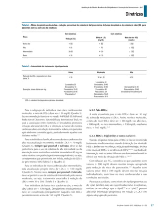 Diretrizes
Atualização da Diretriz Brasileira de Dislipidemias e Prevenção da Aterosclerose – 2017
Arq Bras Cardiol 2017; 109(2Supl.1):1-76
Tabela 4 – Metas terapêuticas absolutas e redução porcentual do colesterol da lipoproteína de baixa densidade e do colesterol não-HDL para
pacientes com ou sem uso de estatinas
Risco
Sem estatinas Com estatinas
Redução (%)
Meta de LDL
(mg/dL)
Meta de não HDL
(mg/dL)
Muito alto > 50 < 50 < 80
Alto > 50 < 70 < 100
Intermediário 30-50 < 100 < 130
Baixo > 30 < 130 < 160
Tabela 5 – Intensidade do tratamento hipolipemiante
Baixa Moderada Alta
Redução de LDL-c esperada com dose
diária, %
< 30 30 a < 50 ≥ 50
Exemplos, doses diárias em mg
Lovastatina 20
Sinvastatina 10
Pravastatina 10-20
Fluvastatina 20-40
Pitavastatina 1
Lovastatina 40
Sinvastatina 20-40
Pravastatina 40-80
Fluvastatina 80
Pitavastatina 2-4
Atorvastatina 10-20
Rosuvastatina 5-10
Atorvastatina 40-80
Rosuvastatina 20-40
Sinvastatina 40/ezetimiba 10
LDL-c: colesterol da lipoproteína de baixa densidade.
Para o subgrupo de indivíduos com risco cardiovascular
muito alto, a meta de LDL-c deve ser < 50 mg/dL (Quadro 5).
Esta recomendação baseia-se no estudo IMPROVE-IT (IMProved
Reduction of Outcomes: Vytorin Efficacy International Trial), no
qual a associação entre ezetimiba e sinvastatina promoveu
redução adicional do LDL-c e diminuiu a chance de eventos
cardiovasculares em relação à sinvastatina isolada, em pacientes
após síndrome coronária aguda, particularmente aqueles com
diabetes melito.113
Para os indivíduos classificados como de risco cardiovascular
alto, esta atualização recomenda meta de LDL-c < 70 mg/dL
(Quadro 5). Sempre que possível e tolerado, deve-se dar
preferência para o uso de estatina de alta intensidade ou da
associação entre ezetimiba e estatina (sinvastatina 40 mg ou
outra estatina com potência pelo menos equivalente), ou seja,
os tratamentos que promovem, em média, redução do LDL-c
de pelo menos 50% (Tabela 5 e Quadro 5).
Para os indivíduos de risco cardiovascular intermediário,
esta atualização propõe meta de LDL-c < 100 mg/dL
(Quadro 5). Nestes casos, sempre que possível e tolerado,
deve-se preferir o uso de estatina de intensidade pelo menos
moderada, ou seja, tratamentos associados à redução do
LDL-c entre 30 a 50% (Tabela 5 e Quadro 5).
Para indivíduos de baixo risco cardiovascular, a meta de
LDL-c deve ser < 130 mg/dL. O tratamento medicamentoso
deve ser considerado principalmente naqueles com LDL-c
persistentemente acima de 160 mg/dL (Quadro 5).
6.3.2. Não HDL-c
A meta secundária para o não HDL-c deve ser 30 mg/
dL acima da meta para o LDL-c. Assim, no risco muito alto,
a meta do não HDL-c deve ser < 80 mg/dL; no alto risco,
< 100 mg/dL; no risco intermediáro, < 130 mg/dL; e no baixo
risco, < 160 mg/dL.25,45
6.3.3. HDL-c, triglicérides e outras variáveis
Não são propostas metas para o HDL-c e não se recomenda
tratamento medicamentoso visando à elevação dos níveis de
HDL-c. Embora se reconheça a relação epidemiológica inversa
entre níveis de HDL-c e incidência de DCV,114,115
os estudos de
intervenção mais recentes falharam em demonstrar benefício
clínico por meio da elevação do HDL-c.116,117
Com relação aos TG, considera-se que pacientes com
valores ≥ 500 mg/dL devem receber terapia apropriada
para redução do risco de pancreatite.118
Aqueles com
valores entre 150 e 499 mg/dL devem receber terapia
individualizada, com base no risco cardiovascular e nas
condições associadas.
Para outras variáveis, como níveis de Apolipoproteínas ou
de Lp(a), também não são especificadas metas terapêuticas,
embora se reconheça que a ApoB119
e a Lp(a)120
possam
adicionar informação prognóstica em relação à LDL-c em
alguns subgrupos de pacientes.
17
 