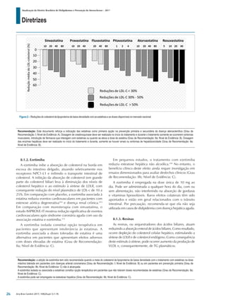 Diretrizes
Atualização da Diretriz Brasileira de Dislipidemias e Prevenção da Aterosclerose – 2017
Arq Bras Cardiol 2017; 109(2Supl.1):1-76
8.1.2. Ezetimiba
A ezetimiba inibe a absorção de colesterol na borda em
escova do intestino delgado, atuando seletivamente nos
receptores NPC1-L1 e inibindo o transporte intestinal de
colesterol. A inibição da absorção de colesterol (em grande
parte do colesterol biliar) leva à diminuição dos níveis de
colesterol hepático e ao estímulo à síntese de LDLR, com
consequente redução do nível plasmático de LDL-c de 10 a
25%. Em comparação com placebo, a ezetimiba associada à
estatina reduziu eventos cardiovasculares em pacientes com
estenose aórtica degenerativa252
e doença renal crônica.253
Em comparação com monoterapia com sinvastatina, o
estudo IMPROVE-IT mostrou redução significativa de eventos
cardiovasculares após síndrome coronária aguda com uso da
associação estatina e ezetimiba.113
A ezetimiba isolada constitui opção terapêutica em
pacientes que apresentam intolerância às estatinas. A
ezetimiba associada a doses toleradas de estatina é uma
alternativa em pacientes que apresentam efeitos adversos
com doses elevadas de estatina (Grau de Recomendação:
IIa; Nível de Evidência: C).
Em pequenos estudos, o tratamento com ezetimiba
reduziu esteatose hepática não alcoólica.254
No entanto, o
benefício clínico deste efeito ainda requer investigação em
ensaios dimensionados para avaliar desfechos clínicos (Grau
de Recomendação: IIb; Nível de Evidência: C).
A ezetimiba é empregada na dose única de 10 mg ao
dia. Pode ser administrada a qualquer hora do dia, com ou
sem alimentação, não interferindo na absorção de gorduras
e vitaminas lipossolúveis. Raros efeitos colaterais têm sido
apontados e estão em geral relacionados com o trânsito
intestinal. Por precaução, recomenda-se que ela não seja
utilizada em casos de dislipidemia com doença hepática aguda.
8.1.3. Resinas
As resinas, ou sequestradores dos ácidos biliares, atuam
reduzindo a absorção enteral de ácidos biliares. Como resultado,
ocorre depleção do colesterol celular hepático, estimulando a
síntese de LDLR e de colesterol endógeno. Como consequência
deste estímulo à síntese, pode ocorrer aumento da produção de
VLDL e, consequentemente, de TG plasmáticos.
Recomendação: Este documento reforça a indicação das estatinas como primeira opção na prevenção primária e secundária da doença aterosclerótica (Grau de
Recomendação: I; Nível de Evidência: A). Dosagem de creatinoquinase deve ser realizada no início do tratamento e durante o tratamento somente se ocorrerem sintomas
musculares, introdução de fármacos que interagem com estatinas ou quando se eleva a dose de estatina (Grau de Recomendação: IIa; Nível de Evidência: B). Dosagem
das enzimas hepáticas deve ser realizada no início do tratamento e durante, somente se houver sinais ou sintomas de hepatotoxicidade (Grau de Recomendação: IIa;
Nível de Evidência: B).
Recomendação: a adição da ezetimiba tem sido recomendada quando a meta do colesterol da lipoproteína de baixa densidade com o tratamento com estatinas na dose
máxima tolerada em pacientes com doenças arterial coronariana (Grau de Recomendação: I; Nível de Evidência: B) ou em pacientes em prevenção primária (Grau de
Recomendação: IIb; Nível de Evidência: C) não é alcançada.
A ezetimiba isolada ou associada a estatinas constitui opção terapêutica em pacientes que não toleram doses recomendadas de estatinas (Grau de Recomendação: IIa;
Nível de Evidência: C).
A ezetimiba pode ser empregada na esteatose hepática (Grau de Recomendação: IIb; Nível de Evidência: C).
Figura 2 – Reduções do colesterol da lipoproteína de baixa densidade com as estatinas e as doses disponíveis no mercado nacional.
26
 