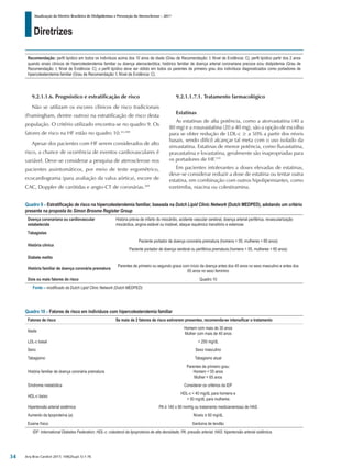 Diretrizes
Atualização da Diretriz Brasileira de Dislipidemias e Prevenção da Aterosclerose – 2017
Arq Bras Cardiol 2017; 109(2Supl.1):1-76
9.2.1.1.6. Prognóstico e estratificação de risco
Não se utilizam os escores clínicos de risco tradicionais
(Framingham, dentre outros) na estratificação de risco desta
população. O critério utilizado encontra-se no quadro 9. Os
fatores de risco na HF estão no quadro 10.43,309
Apesar dos pacientes com HF serem considerados de alto
risco, a chance de ocorrência de eventos cardiovasculares é
variável. Deve-se considerar a pesquisa de aterosclerose nos
pacientes assintomáticos, por meio de teste ergométrico,
ecocardiograma (para avaliação da valva aórtica), escore de
CAC, Doppler de carótidas e angio-CT de coronárias.309
9.2.1.1.7.1. Tratamento farmacológico
Estatinas
As estatinas de alta potência, como a atorvastatina (40 a
80 mg) e a rosuvastatina (20 a 40 mg), são a opção de escolha
para se obter redução de LDL-c ≥ a 50% a partir dos níveis
basais, sendo difícil alcançar tal meta com o uso isolado da
sinvastatina. Estatinas de menor potência, como fluvastatina,
pravastatina e lovastatina, geralmente são inapropriadas para
os portadores de HF.310
Em pacientes intolerantes a doses elevadas de estatinas,
deve-se considerar reduzir a dose de estatina ou tentar outra
estatina, em combinação com outros hipolipemiantes, como
ezetimiba, niacina ou colestiramina.
Quadro 9 – Estratificação de risco na hipercolesterolemia familiar, baseada na Dutch Lipid Clinic Network (Dutch MEDPED), adotando um critério
presente na proposta do Simon Broome Register Group
Doença coronariana ou cardiovascular
estabelecida
História prévia de infarto do miocárdio, acidente vascular cerebral, doença arterial periférica, revascularização
miocárdica, angina estável ou instável, ataque isquêmico transitório e estenose
Tabagistas
História clínica
Paciente portador de doença coronária prematura (homens < 55, mulheres < 60 anos)
Paciente portador de doença cerebral ou periférica prematura (homens < 55, mulheres < 60 anos)
Diabete melito
História familiar de doença coronária prematura
Parentes de primeiro ou segundo graus com início da doença antes dos 45 anos no sexo masculino e antes dos
65 anos no sexo feminino
Dois ou mais fatores do risco Quadro 10
Fonte – modificado da Dutch Lipid Clinic Network (Dutch MEDPED).
Quadro 10 – Fatores de risco em indivíduos com hipercolesterolemia familiar
Fatores de risco Se mais de 2 fatores de risco estiverem presentes, recomenda-se intensificar o tratamento
Idade
Homem com mais de 30 anos
Mulher com mais de 40 anos
LDL-c basal > 250 mg/dL
Sexo Sexo masculino
Tabagismo Tabagismo atual
História familiar de doença coronária prematura
Parentes de primeiro grau:
Homem < 55 anos
Mulher < 65 anos
Síndrome metabólica Considerar os critérios da IDF
HDL-c baixo
HDL-c < 40 mg/dL para homens e
< 50 mg/dL para mulheres
Hipertensão arterial sistêmica PA ≥ 140 x 90 mmHg ou tratamento medicamentoso de HAS
Aumento da lipoproteína (a) Níveis ≥ 60 mg/dL
Exame físico Xantoma de tendão
IDF: International Diabetes Federation; HDL-c: colesterol da lipoproteína de alta densidade; PA: pressão arterial; HAS: hipertensão arterial sistêmica.
Recomendação: perfil lipídico em todos os indivíduos acima dos 10 anos de idade (Grau de Recomendação: I; Nível de Evidência: C); perfil lipídico partir dos 2 anos
quando sinais clínicos de hipercolesterolemia familiar ou doença aterosclerótica, histórico familiar de doença arterial coronariana precoce e/ou dislipidemia (Grau de
Recomendação: I; Nível de Evidência: C); o perfil lipídico deve ser obtido em todos os parentes de primeiro grau dos indivíduos diagnosticados como portadores de
hipercolesterolemia familiar (Grau de Recomendação: I; Nível de Evidência: C).
34
 