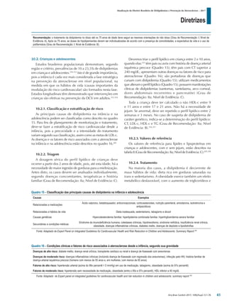 Diretrizes
Atualização da Diretriz Brasileira de Dislipidemias e Prevenção da Aterosclerose – 2017
Arq Bras Cardiol 2017; 109(2Supl.1):1-76
10.2. Crianças e adolescentes
Estudos brasileiros populacionais demonstram, segundo
região e critério, prevalências de 10 a 23,5% de dislipidemias
em crianças e adolescentes.350-352
Isto é de grande importância,
pois a infância é cada vez mais considerada a fase estratégica
na prevenção da aterosclerose em nível populacional, na
medida em que os hábitos de vida (causas importantes da
modulação do risco cardiovascular) são formados nesta fase.
Estudos longitudinais têm demonstrado que intervenções em
crianças são efetivas na prevenção da DCV em adultos.353,354
10.2.1. Classificação e estratificação de risco
As principais causas de dislipidemia na infância e na
adolescência podem ser classificadas como descrito no quadro
15. Para fins de planejamento de monitorização e tratamento,
deve-se fazer a estratificação de risco cardiovascular desde a
infância, pois a precocidade e a intensidade do tratamento
variam segundo sua classificação, assim como as metas de LDL-c.
As doenças e os fatores de risco associados com a aterosclerose
na infância e na adolescência estão descritos no quadro 16.205
10.2.2. Triagem
A dosagem sérica do perfil lipídico de crianças deve
ocorrer a partir dos 2 anos de idade, pois, até esta idade, há a
necessidade de maior ingestão de gorduras para a mielinização.
Antes disto, os casos devem ser analisados individualmente,
segundo doenças concomitantes, terapêuticas e história
familiar (Grau de Recomendação: IIa; Nível de Evidência: C).
Devemos triar o perfil lipídico em criança entre 2 e 10 anos,
quando elas:355
têm pais ou avós com história de doença arterial
isquêmica precoce (Quadro 15); têm pais com CT superior a
240 mg/dL; apresentam outras doenças ou fatores de risco para
aterosclerose (Quadro 16); são portadoras de doenças que
cursam com dislipidemia (Quadro 15); utilizam medicamentos
quealteramoperfillipídico(Quadro15);possuemmanifestações
clínicas de dislipidemias (xantomas, xantelasma, arco corneal,
dores abdominais recorrentes e pancreatite) (Grau de
Recomendação: IIa; Nível de Evidência: C).
Toda a criança deve ter calculado o não HDL-c entre 9
e 11 anos e entre 17 e 21 anos. Não há a necessidade de
jejum. Se anormal, deve ser repetido o perfil lipídico entre 2
semanas e 3 meses. No caso de suspeita de dislipidemia de
caráter genético, indica-se a determinação do perfil lipídico:
CT, LDL-c, HDL-c e TG (Grau de Recomendação: IIa; Nível
de Evidência: B).356,357
10.2.3. Valores de referência
Os valores de referência para lípides e lipoproteínas em
crianças e adolescentes, com e sem jejum, estão descritos na
tabela8(GraudeRecomendação:IIa;NíveldeEvidência:C):205,358
10.2.4. Tratamento
Na maioria dos casos, a dislipidemia é decorrente de
maus hábitos de vida: dieta rica em gorduras saturadas ou
trans e sedentarismo. A obesidade exerce também um efeito
metabólico desfavorável, com o aumento de triglicerídeos e
Recomendação: o tratamento da dislipidemia no idoso até os 75 anos de idade deve seguir as mesmas orientações do não idoso (Grau de Recomendação: I; Nível de
Evidência: A). Após os 75 anos, as doses de hipolipemiantes devem ser individualizadas de acordo com a presença de comorbidades, a expectativa de vida e o uso de
polifarmácia (Grau de Recomendação: I; Nível de Evidência: B).
Quadro 15 – Classificação das principais causas de dislipidemia na infância e adolescência
Causas Exemplos
Relacionadas a medicações
Ácido valproico, betabloqueador, anticoncepcionais, corticoesteroides, nutrição parenteral, amiodarona, isotretinoína e
antipsicóticos
Relacionadas a hábitos de vida Dieta inadequada, sedentarismo, tabagismo e álcool
Causas genéticas Hipercolesterolemia familiar, hiperlipidemia combinada familiar, hipertrigliceridemia severa familiar
Secundárias a condições médicas
Síndrome da imunodeficiência humana, colestases crônicas, hipotireoidismo, síndrome nefrótica, insuficiência renal crônica,
obesidade, doenças inflamatórias crônicas, diabetes melito, doenças de depósito e lipodistrofias
Fonte: Adaptado de Expert Panel on Integrated Guidelines for Cardiovascular Health and Risk Reduction in Children and Adolescents: Summary Report.205
Quadro 16 – Condições clinicas e fatores de risco associados à aterosclerose desde a infância, segundo sua gravidade
Doenças de alto risco: diabete melito, doença renal crônica, transplante cardíaco ou renal e doença de Kawasaki com aneurismas
Doenças de moderado risco: doenças inflamatórias crônicas (incluindo doença de Kawasaki com regressão dos aneurismas), infecção pelo HIV, história familiar de
doença arterial isquêmica precoce (homens com menos de 55 anos e, em mulheres, com menos de 65 anos)
Fatores de alto risco: hipertensão arterial (acima do 99o percentil + 5 mmHg) em uso de medicação, tabagismo, obesidade (acima do 97o percentil)
Fatores de moderado risco: hipertensão sem necessidade de medicação, obesidade (entre o 95o e 97o percentil), HDL inferior a 40 mg/dL
Fonte: Adaptado de Expert panel on integrated guidelines for cardiovascular health and risk reduction in children and adolescents: summary report.205
41
 